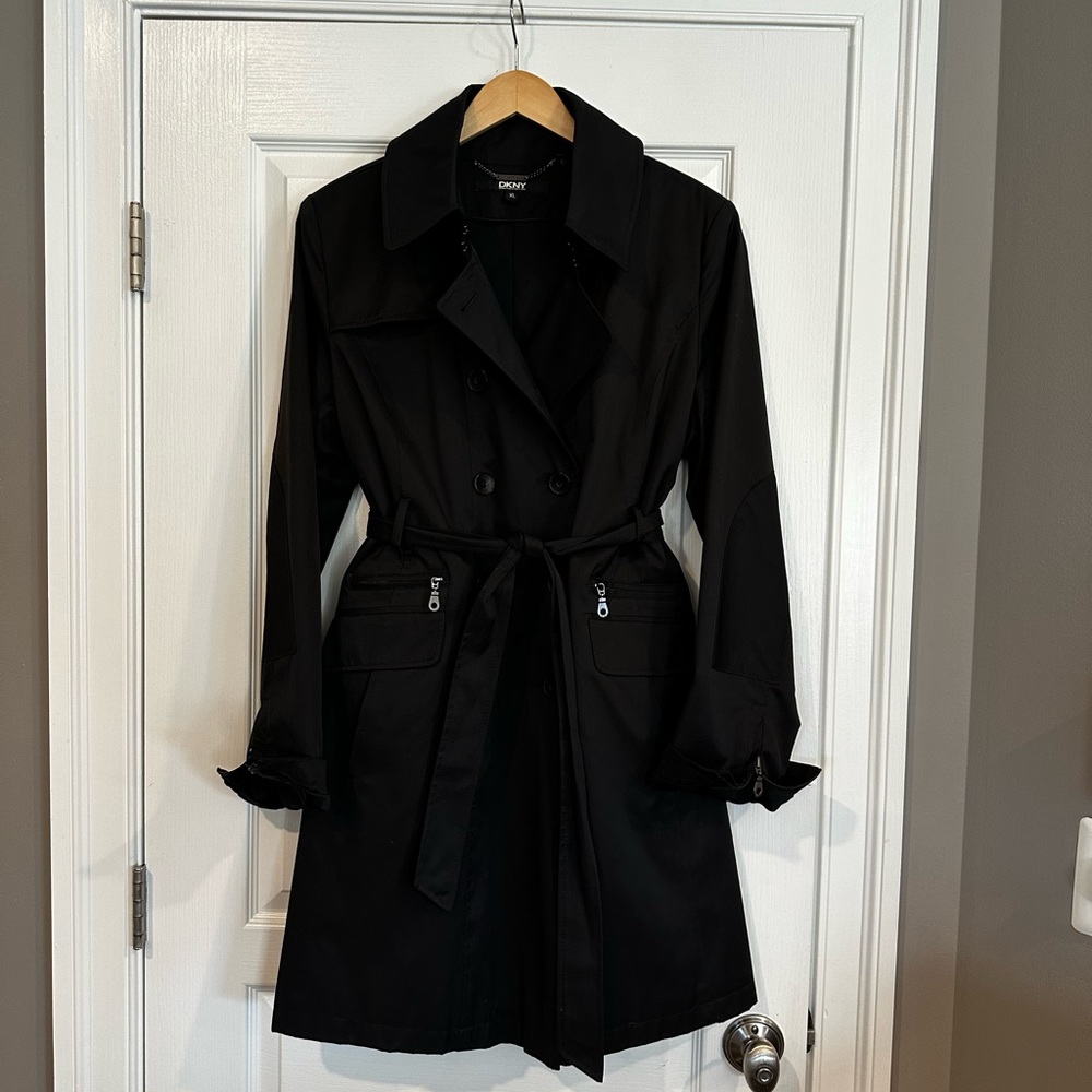 Women’s DKNY Belted Trench Rain Coat Black Size XL